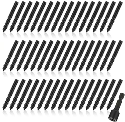 Hicarer 50 Pack 1/4-20 x 1-1/2 Inch Hanger Bolts Double Headed Bolts with Driver Self Tapping Screw Threaded Rod Screws for Furniture Double Headed for Wood Furniture Joint, Black