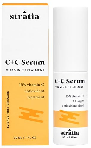 Stratia C+C Vitamin C Serum – 15% Potent Formula with 10% L-Ascorbic Acid for Bright, Even-Toned Skin - Non-Irritating, Water-Free Antioxidant Face Cream, 1 Fl Oz