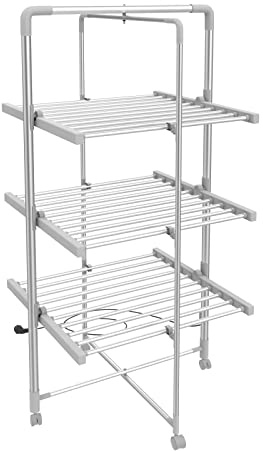 Todeco Elektrischer Wäscheständer, Klappbare Wäscheleine mit Heizfunktion | Wäscheständer elektrisch mit Rollen, Platzsparend klappbar, Robuste Aluminiumlegierung in Weiß, 3 Ablagen