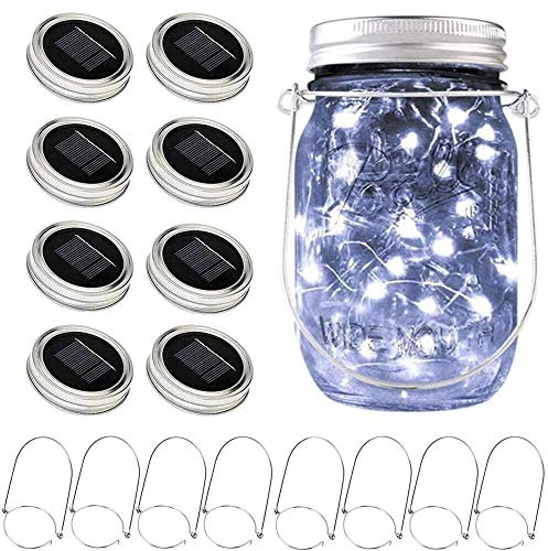 SunKite Solar Mason Jar Lights [Updated], 8 Pack 20 LED Waterproof Fairy Firefly Jar Lids String Lights with Hangers(NO Jars), Patio Yard Garden Wedding Decoration - Cool White