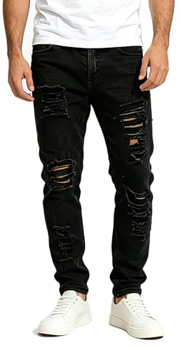 Men's Ripped Skinny Stretch Distressed Destroyed Slim Jeans Denim Pants Black 32