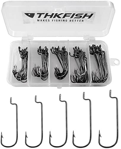THKFISH 50Piezas/Caja Anzuelos Ganchos de Pesca Acero al Carbono Negro Plantilla para Agua Dulce de Agua Salada Ganchos de Compensación Offset Worm Hooks # 2# 1 1/0 2/0 3/0