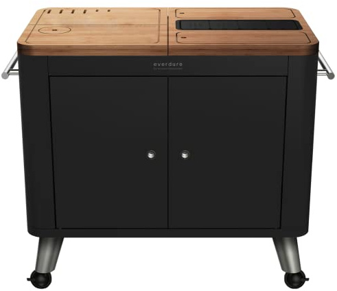 Everdure by Heston blumenthal Mobile Outdoor Küche in Schwarz I Outdoor Küchenzeile mit Transporträdern für Zubereitung beim Grillen I inkl. Arbeitsfläche, Aufbewahrungen und Abfalleimer
