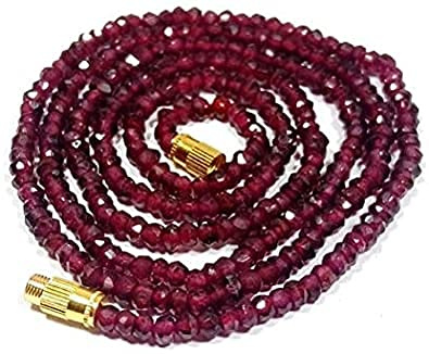 Sunrisegemstone Collar de cuentas de granate indio natural de 1 hebra, collar de cuentas facetadas de 40,6 cm, chapado en oro de 24 quilates, necklace, Gema, Rodolita granate