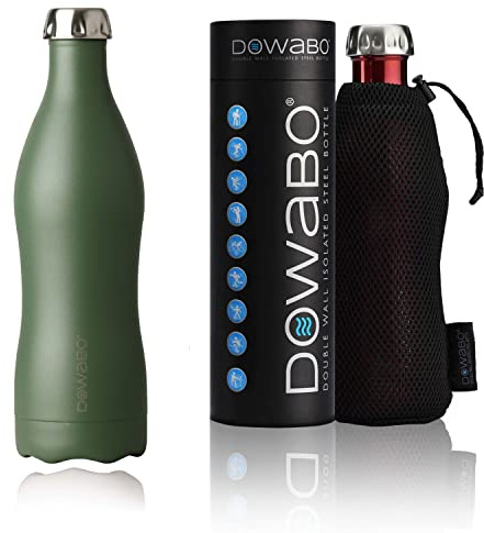 Dowabo Edelstahl Isolierflasche, Olive 750 ml | Edelstahl Trinkflasche, hält 12 h heiß und 24 h kalt, BPA-frei, kohlensäuredicht, auslaufsicher, inkl. Bottle-Bag