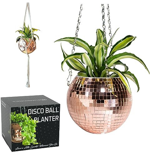 SCANDINORDICA Jardinière Boule Disco – Pot de Fleurs Boule à facettes avec chaîne et Corde en macramé, Boule a Facette, Cadeaux Femmes | Décoration d’intérieur – 15 cm Or Rose