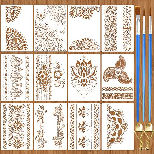 Mandala Schablone Blume Grenze Schablonen 12Stk Vorlagen Set wiederverwendbare Painting Stencils für Malerei auf Wand Holz Boden Möbel Heimdekoration