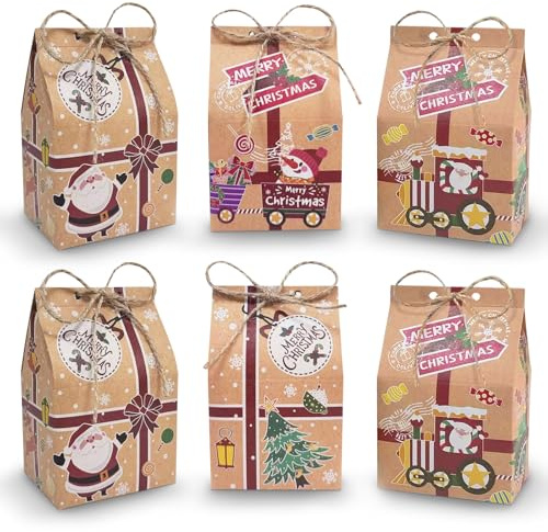 Gintan Papiertüten Kleine Geschenktüten Weihnachten 24 Pcs-4 Stile 6 Stücks, Papier Geschenktüten mit 24 Aufkleber Candy weihnachtsgeschenktüte for Christmas Advent Calendar Birthday Party