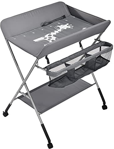 mobiler Wickeltisch mit Wickelaufsatz, Wickelkommode klappbar höhenverstellbar, Wickelkombi mit Sicherheitsgurt Aufbewahrungskorb Kleiderstange-80 * 63 * 93-99cm gebrochenes Weiß