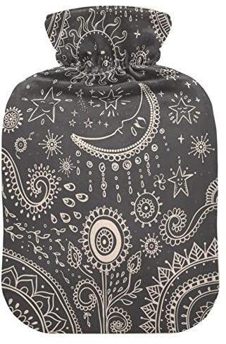 Mnsruu Sonne Mond Stern Paisley Blume Vintage Wärmflasche mit Samtbezug, 2L Transparente Wärmflasche für Hand Fußwärmer Schmerzlinderung Heißkalt Therapie Krämpfe