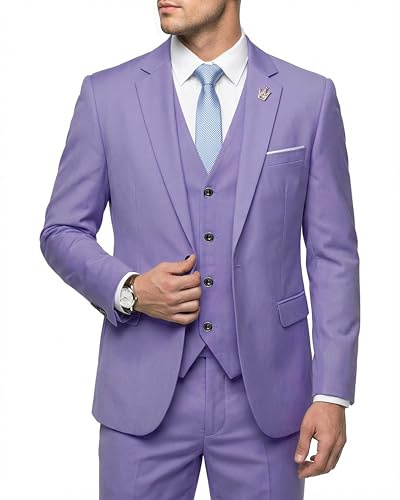 Hihawk Costume 3 pièces pour Homme avec Tissu Extensible, Coupe ajustée, Ensemble Blazer à Un Bouton, Veste, Gilet et Pantalon avec Cravate, Violet, Taille L