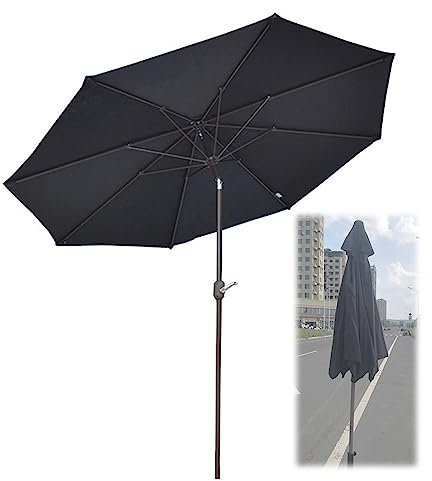 Sombrilla de Exterior Negra con 8 Varillas, Parasol de Mesa con Botón de Inclinación y Manivela, para Jardín, Patio, Piscina, Sin Base