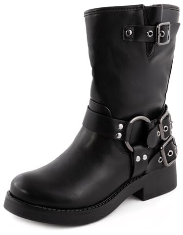Toocool Botas de mujer bajas motoristas motoristas botines hebillas anfibios RQ65, Negro , 37 EU