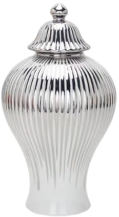 Chinese Style Decorative Jar Modern Ginger Jar Storage Vase With Lid Decorative Tabletop Collectible Large Capacity Home Decor Ceramic Flower Display(Silver,20 * 42cm)