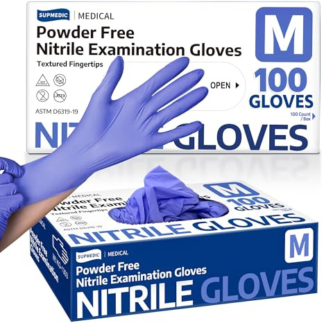 Supmedic - Medical Nitrile Disposable Gloves, Powder Free, Latex Free, Non-Sterile, Food Safe, Iris Blue (100 Count, Medium)