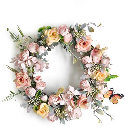 TITA-DONG 15 Zoll Künstlicher Blumenkranz, Blauer Künstlicher Blauer Hortensien-künstlicher Blumenkranz, Künstliche Blumensimulationsgirlande aus Kunststoff, Handgefertigter(Rosa)