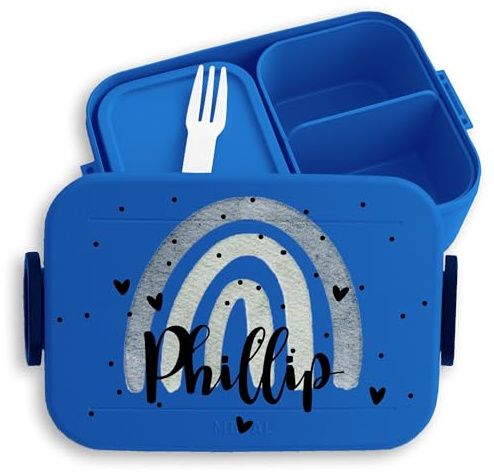 Kinder Bento Box Midi Lunchbox für Mepal Bentobox - Regenbogen Brotdose Rainbow mit Name Jausenbox I - 900 ml - Blau - personalisierte brotdosen vesperbox mädchen schule personalised