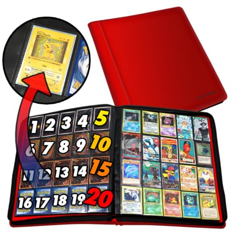1280+ Card Binder Collector Album - 20 Pocket Pages Compatible With Pokemon, Sports, Yugioh, MTG and Other TCG - Trading Card Sleeve With Side Loading Pockets (Red)