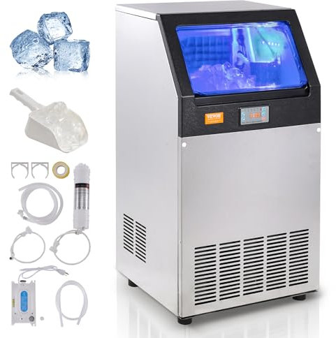 VEVOR Machine à Glaçons Commerciale 45 kg/24 h Appareil de Préparation de Glaçons 55 Bacs Capacité de Stockage 15 kg Nettoyage Auto sans Installation Autoportant pour Maison Bureau Restaurant Bar