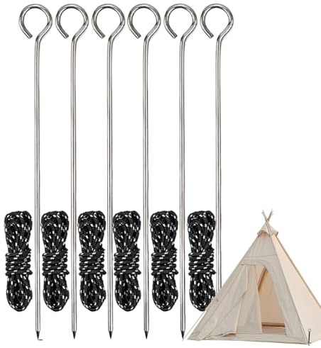 Zeltheringe – Zeltheringe aus Edelstahl | 6 Zeltnägel mit Seil | Robuste Campingheringe, Bodenheringe | Rostfreie Gartenheringe, harte Bodenheringe für Auv