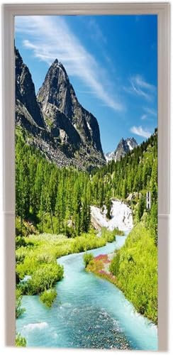 Türtapete Selbstklebend 95x210 Berge, Flüsse Und Wälder Türaufkleber 3D Türposter Landschaft Fototapete Türfolie Türklebefolie Wasserdichte für Türwand Dekoration Tapete a8370