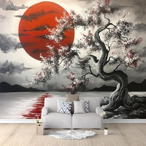 3D Vliestapete Japanischer Stil Kirschblütenbaum Rote Sonne 400x280 cm Fototapete, Wanddeko, Wandbild, Wandtapete, Vlies Tapete, Wohnzimmer Schlafzimmer Büro Flur Wand Dekoration