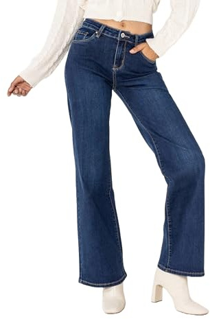 Nina Carter P080 Damen Flared Bootcut Jeans High Waist Stretch Jeanshose Schlagjeans Used-Look (Marineblau (P080-9N), M)