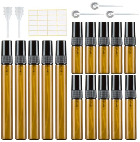 15 Stück Bernstein Parfümzerstäuber Leer Sprühflasche Glas Klein zum Befüllen, Mini Pump Taschen ParfumFlakon Nachfüllbar Parfümproben für Reise 3ml/5ml/10ml mit Pipetten Presskopf