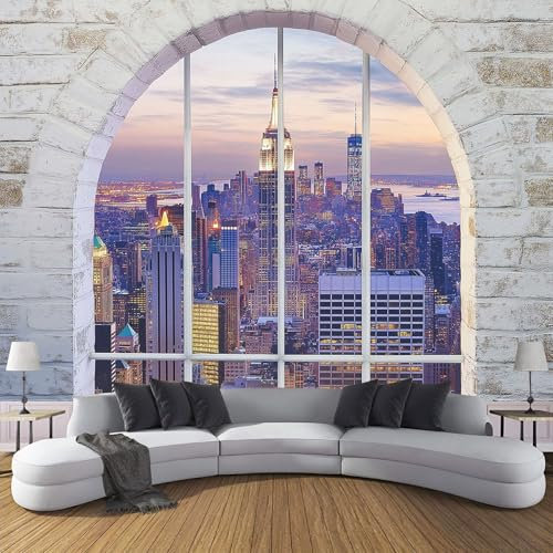 Fototapete 3D Effekt Dekoration Wandbild, New York City Tapete ‎150X105Cm (B×H) Seidenstoff Tapete Weiß Fenster Wandtapeten, 220G/M2 Fototapete Moderne Panorama Wanddeko