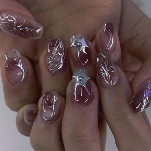XAGMODSHN Lot de 24 faux ongles courts en acrylique - Motif flammes argentées
