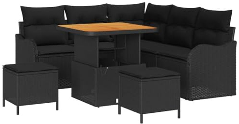 vidaXL 8-teiliges Garten-Sofa-Set mit Kissen in Schwarz aus Poly Rattan – Outdoor-Ecksofa für 5 Personen, rechteckig, Bequeme Loungemöbel für die Terrasse.
