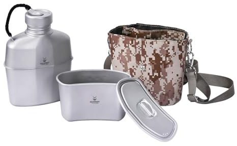 SILVERANT Titan Kanister Militär Kochgeschirr-Set–1000ml Wasserflasche mit 500ml verschränktem Becher & Deckel–Ultraleichtes Kochgeschirr Set für Camping, Überleben, Bushcraft & Outdoor (Titan