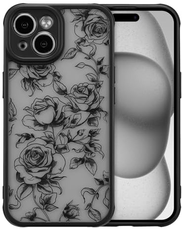 XIZYO Transluzent Matt Hülle für iPhone 15, Zweig Rose/Schwarz | Niedlich Rose Blume Muster, Ästhetisch Floral Gestaltung, Stoßfest Anti-Gelb, Weiche TPU, Schlanke Dünne, Luxus Mädchen Stil