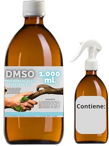 DMSO 1000 ml. 99,9% Pureza Con Gotero | Dimetilsulfóxido Calidad Ph Eur | Regalo Frasco125ml + Difusor + Vasito Dosificador | Frascos Ámbar de Laboratorio | Precinto de Seguridad