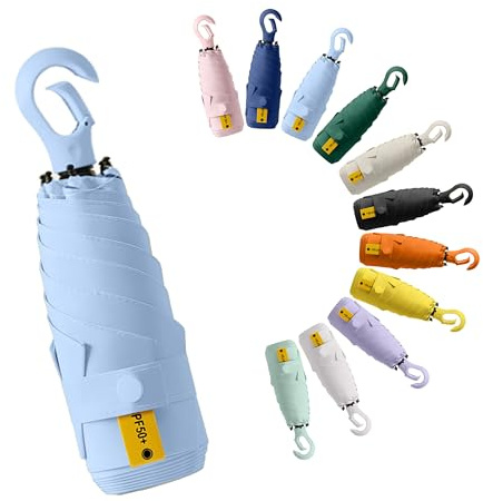 Mini Viaje Sombrilla De Mano Portátil Paraguas Plegable Compacto con Asa De Anilla Mosquetón, UPF 50+ Protección UV, Ligero,Niños Mujeres,Solar y Lluvia,Costillas De Fibra De Vidrio,Bolsillo