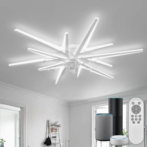 YUNLONG Deckenlampe mit Ventilator 92cm, Smart & Alexa Kompatibel (Bluetooth, kein WLAN nötig) | Leise & Dimmbar mit Fernbedienung, Deckenventilator mit Beleuchtung für Wohnzimmer, Schlafzimmer, Weiß