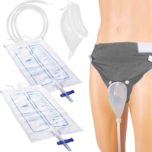 Wearable Urine Collector for Men with External Catheter, Reusable Silicone Catching Capsule with Breathable Fixing Pants, Daytime 1000ml and Nighttime 2000ml Urinary Bags, Elderly Men Grey