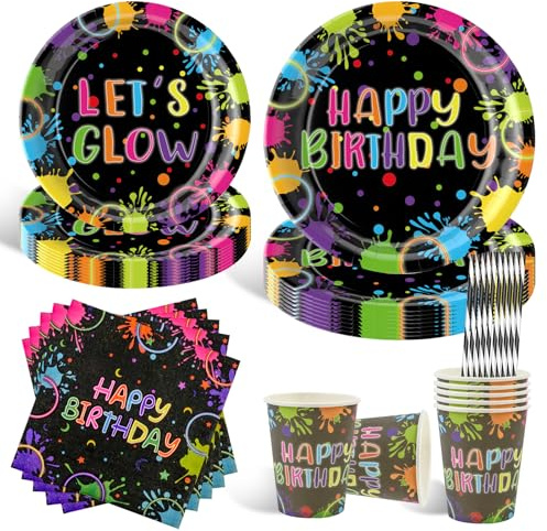 50 Stück Neonfarbenes Partygeschirr Set,Bunte Glow Partygeschirr Set für 10 Gäste,Neon Pappteller Pappbecher Servietten für Mädchen Junge Kindergeburtstag Deko