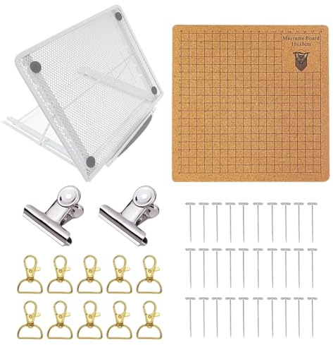Lavagna Macramè da Intrecciare Set 18 x 18 cm Tavola per Macramè con Griglie e Supporto Regolabile,Macrame Project Board con Ferri a T in Acciaio, Istruzioni per Intrecciare Bracciali, Corde Nodi