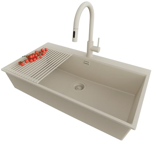PRIMAGRAN Fregadero Granito al Mueble 90cm + Grifo, 88x50cm | Set: Grifo BW9010 + Kit de desagüe + Enrollable Escurridor + Oslo 90 Top 1 Seno para Cocina, Todo Beige