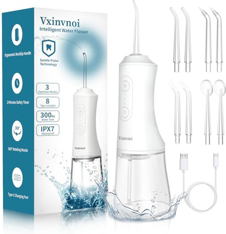 Vxinvnoi Cordless Water Flosser for Sensitive Gums - 300ML Portable Oral Irrigator with Gentle Pulse Technology, 3 Modes & 8 Jet Tips for Effective Plaque Removal and Daily Dental Care