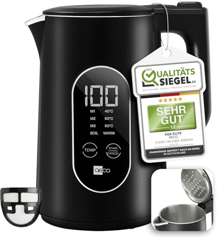 aeco AQA ELITE elektrischer Wasserkocher Edelstahl schwarz-matt mit Temperatureinstellung Tee-Kocher Teebereiter electric kettle tea-maker | 1,5 Liter, 2200 Watt, BPA-frei, Kalk-Filter, Cool-Touch