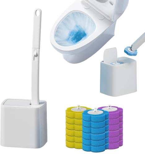 Scopino WC Usa e Getta con 18 Testine Monouso con Detergente Solubile, Pulitore WC con Sistema di Sgancio Rapido Senza Contatto, Spazzola WC Monouso da Appendere alla Parete