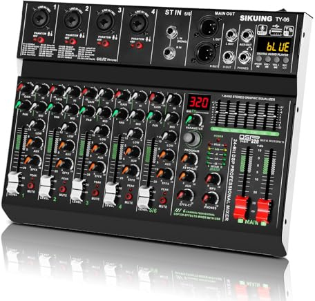 6-Kanal Tragbares Mischpult,Profi Sound Board Audio Mixer,320 DSP-Effekte+7-Band Equalizer,Bluetooth Soundkarte+USB-Schnittstelle,ideal für PC-Aufnahmen,Karaoke-Studio-Effekte & Streaming-Wiedergabe