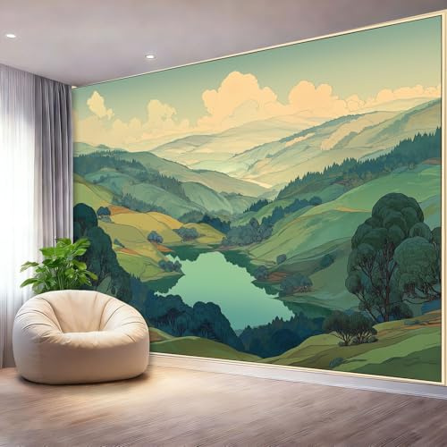 Papel Pintado Panorámico Pintura De Paisaje Montañas Lagos Prados Fotomurales Murales de Pared Decoración Póster in Tejido No Tejido Personalizado 3D Para Salón Dormitorio, 200 x 140 cm, Vistoso