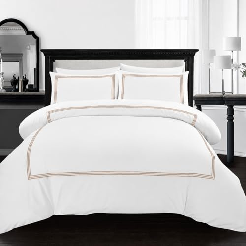 King Size Duvet Cover Set - Soft Bratta Stitch Embroidered Microfiber Duvet Sets with 2 Pillowcases - Non Iron Bedding Hotel Quality Quilt Cover (White/Beige)