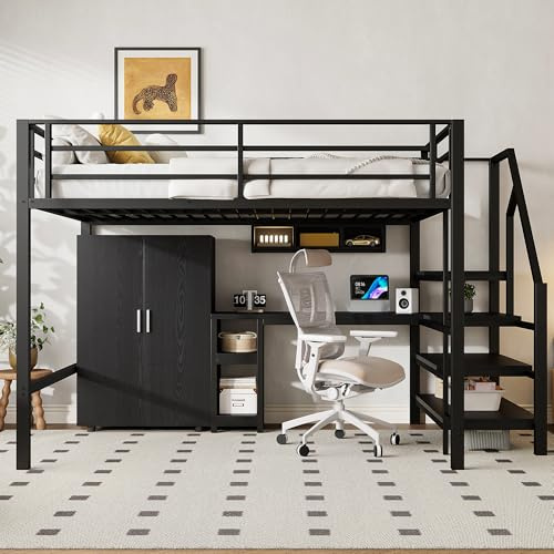 Loftsäng, dubbelvåningssäng, 140 x 200, svart, metall med bord, skåp, förvaringsstege, bunk, säng, järnram, industriell design, loft, för lägenhet, växande sovsystem, mycket utrymmesbesparande, stabil