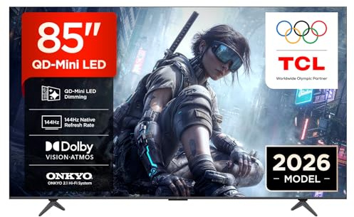 TCL 85T8D QD-Mini LED 85 Zoll Fernseher, 4K Smart TV, Google TV, 144 Hz | FreeSync Premium, Game Master, Dolby Vision, HDR10+, Dolby Atmos, 2.1 Onkyo Sound, Apple AirPlay 2, Google Cast