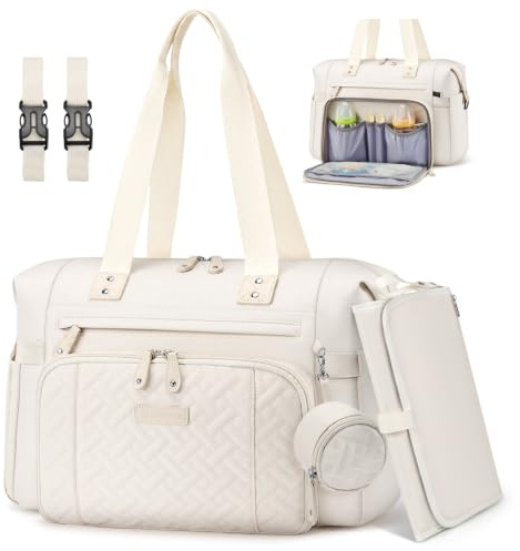RAINSMORE Baby Changing Bags Nappy Changing Tote Bag with Changing Mat | Large Capacity Baby Bag for Mum and Dad Waterproof Diaper Bag with Pacifier Holder Insulated Pocket Stroller Straps White
