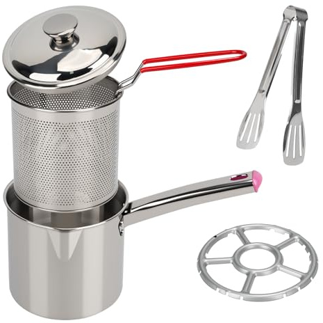 Freidora de Acero Inoxidable,Recipiente para Grasa Con Colador de Malla Fina y Cesta de Filtro,Tapa Y Pinzas Para Alimentos,Olla de Filtro de Aceite para Patatas Fritas,Pescado,Alitas de Pollo (1.8L)